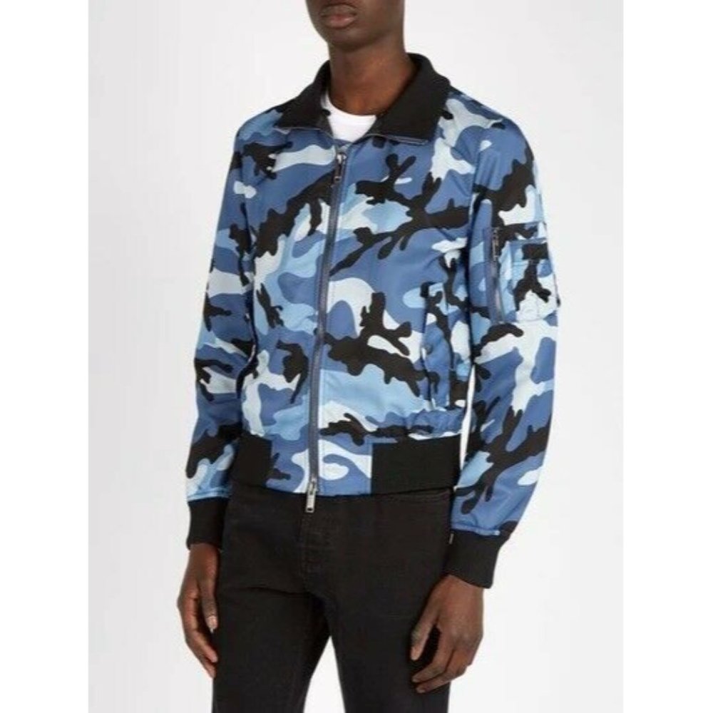 Valentino Men Camouflage Bomber Jacket Blue , US 38